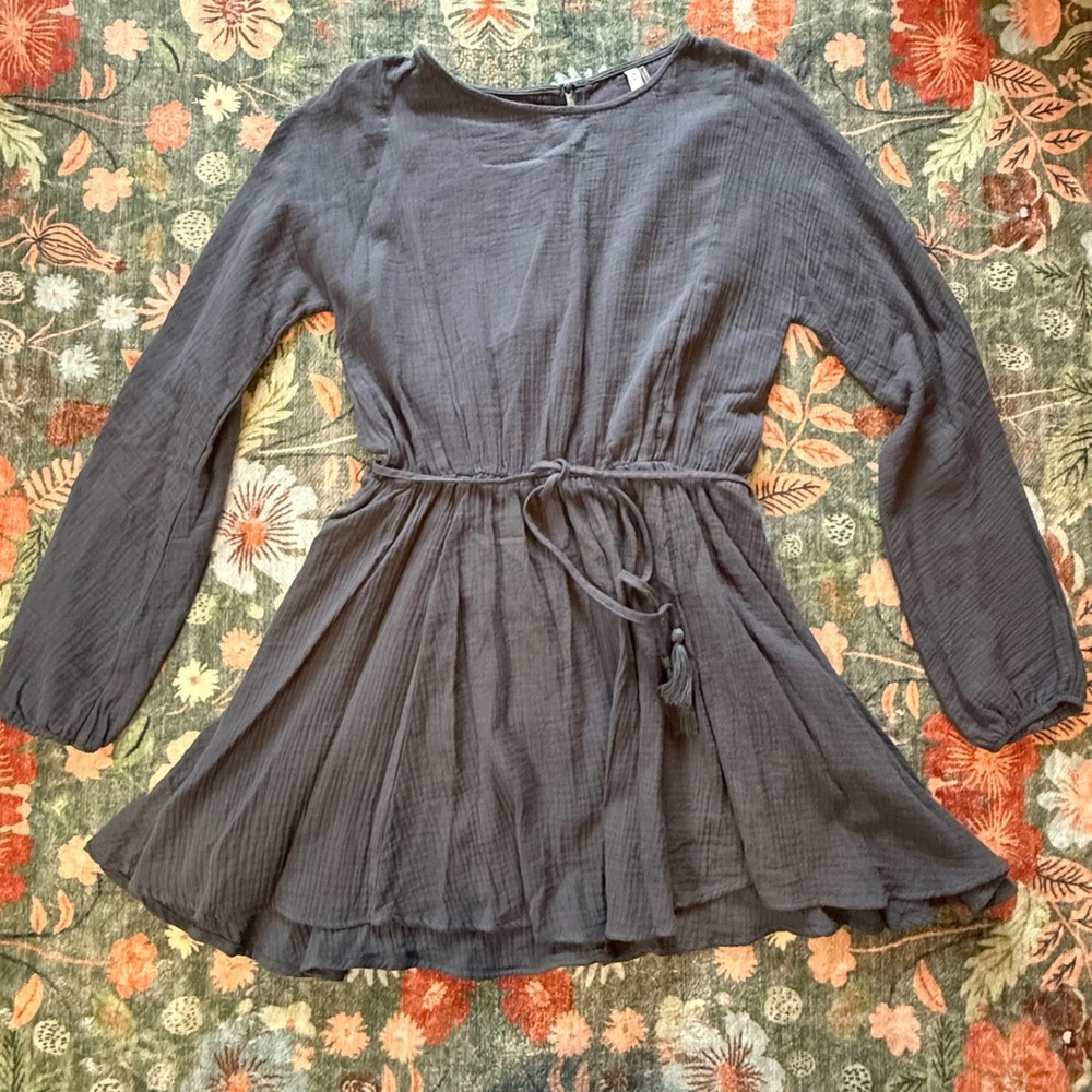 Glam Gray Cotton Gauze Long Sleeve Mini Dress Tassel Tie‎ S0139D Mens M